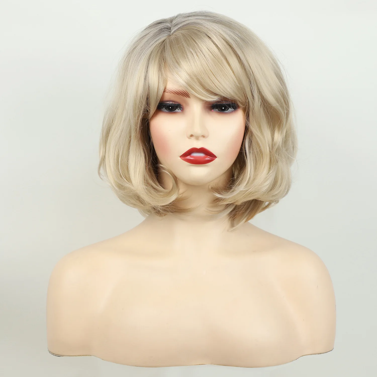 Synthetic Short Blonde Wigs with Bangs Shoulder Length Water Wave Women Hair Wigs for Cosplay Daily Wig