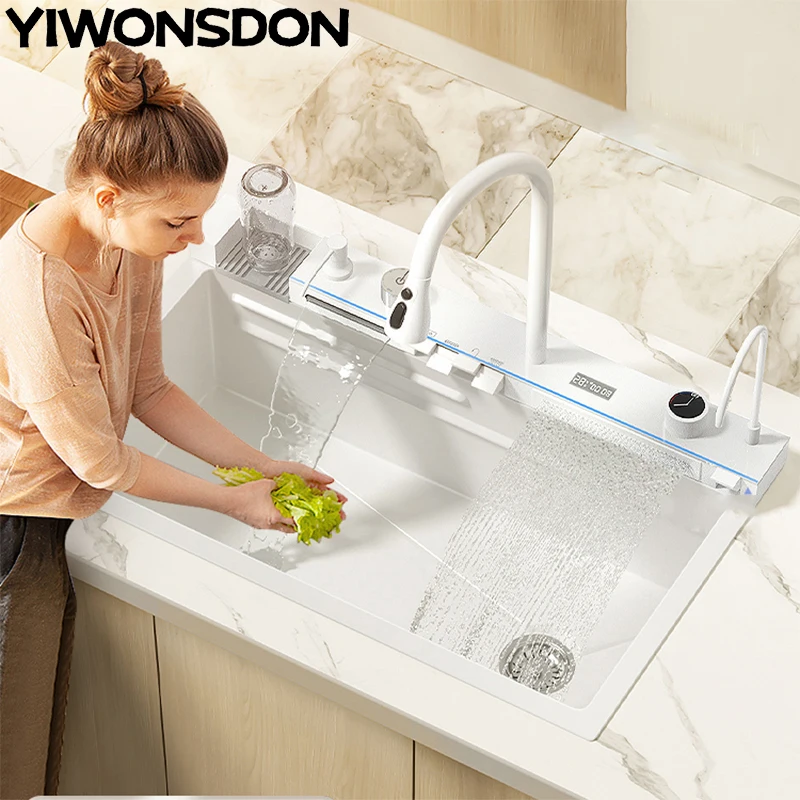 Silvery Nano Multifunctional Kitchen Sink Large Single Slot Digital Display Waterfall Faucet Soap Dispenser Cup Washer Pure Tap