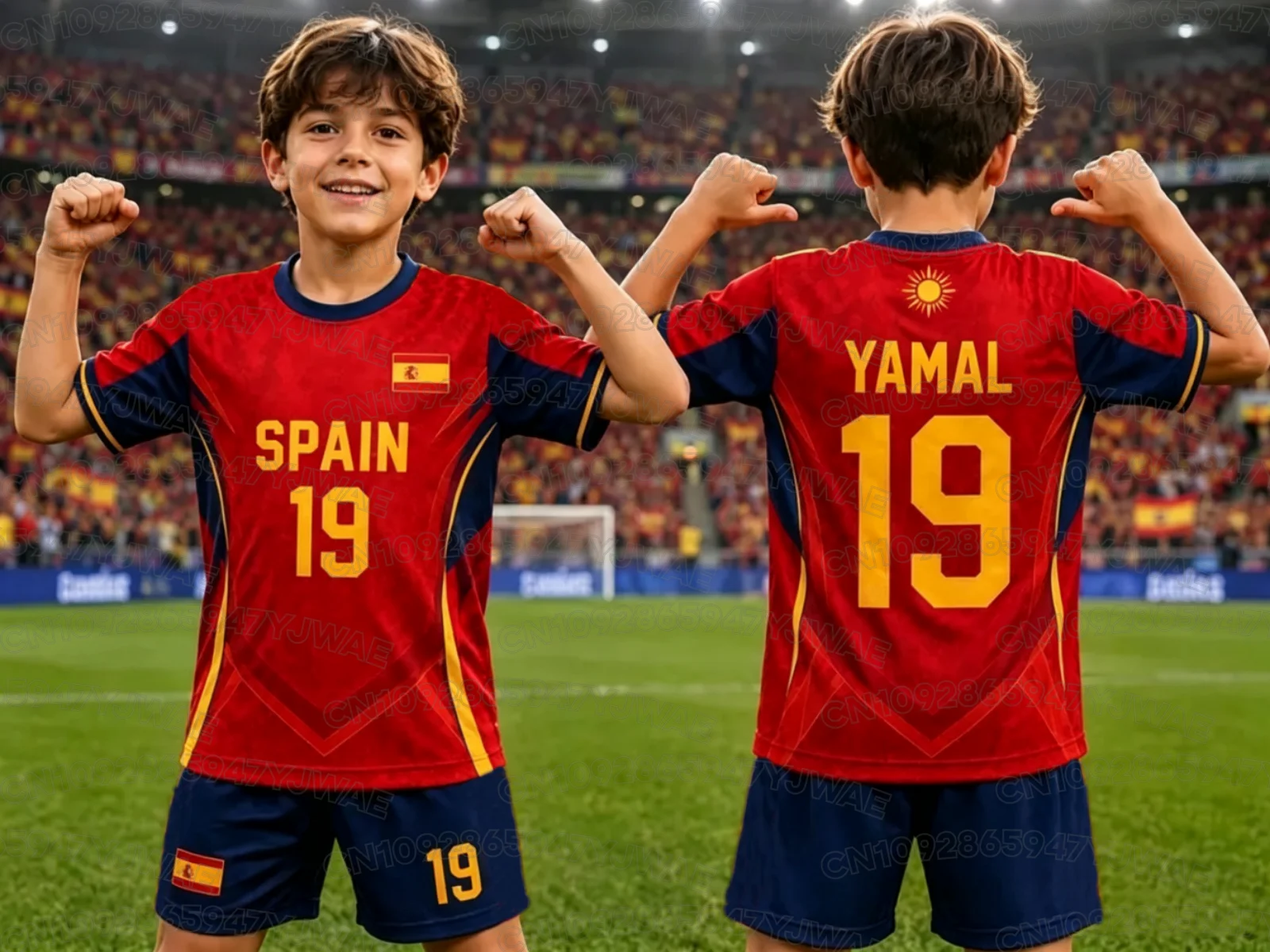 Image of 2026 Spezial NO.19 YAMAL Fußballtrikot T-Shirt und Shorts Set für Damen, Herren, Spanien-Fans, Sommer-Kinder-2-Teiler