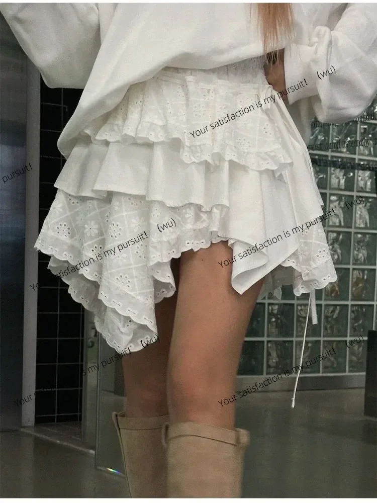 ZOCI-Rok Mini Rumbai Berlapis Tidak Beraturan, Rok Berlapis Bunga Jacquard Renda Putih, Rok Penuh Wanita Manis Gadis Lolita