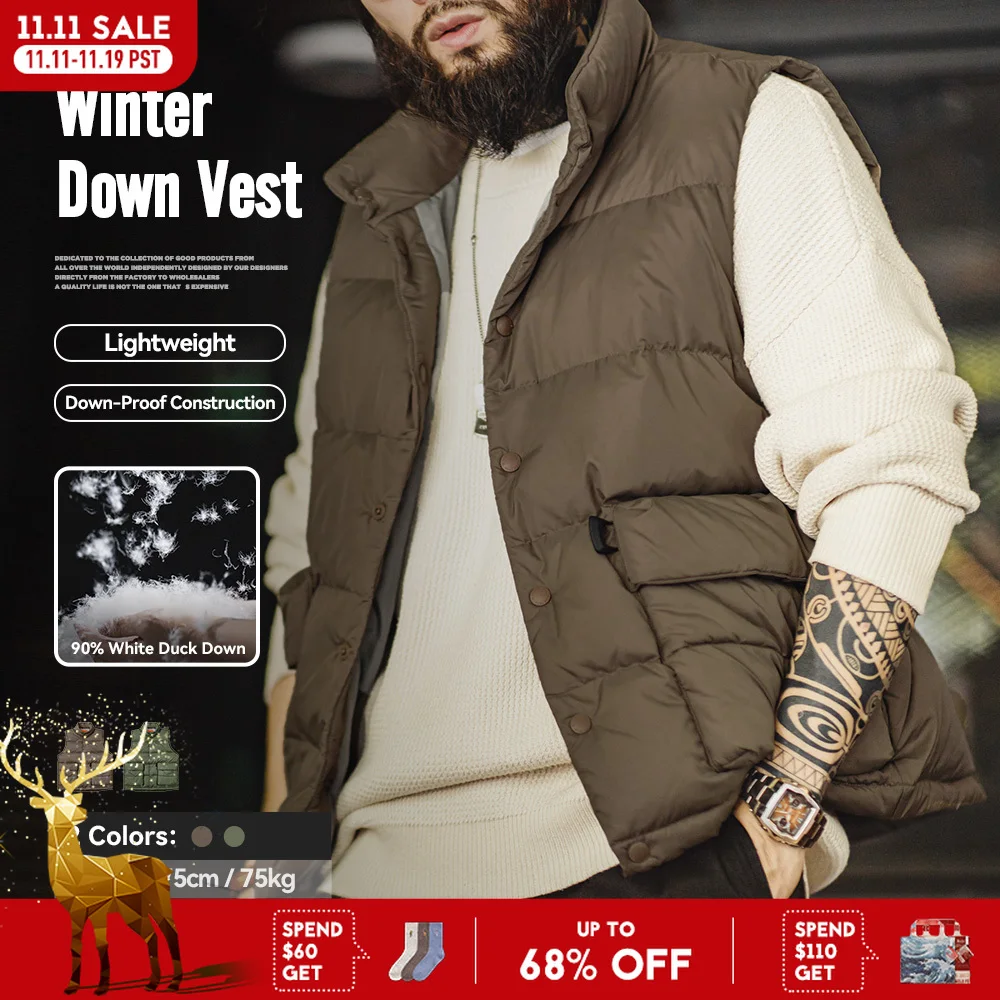 Maden Мужская жилетка на утином пуху для осени и зимы Наполнитель белый утиный пух Толстая теплая стойка-воротник жилетка для ношения на улице Большие практичные карманы с двух сторон Однотонная жилетка-куртка