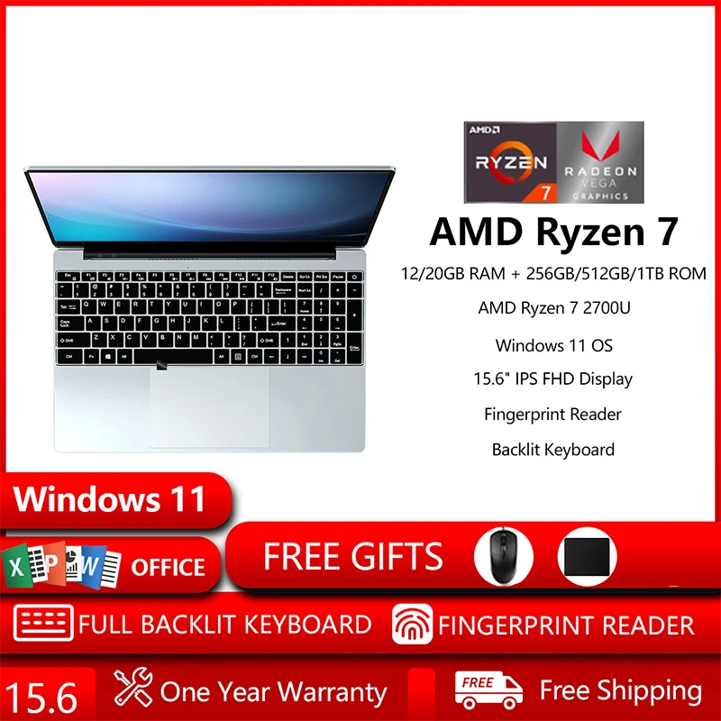 AMD Ryzen 7 2700U Octa-core Laptop 15.6 "Full HD IPS 12/20GB LPDDR4 256/512/1024GB SSD windows 11 Pro, Dual Wi-Fi