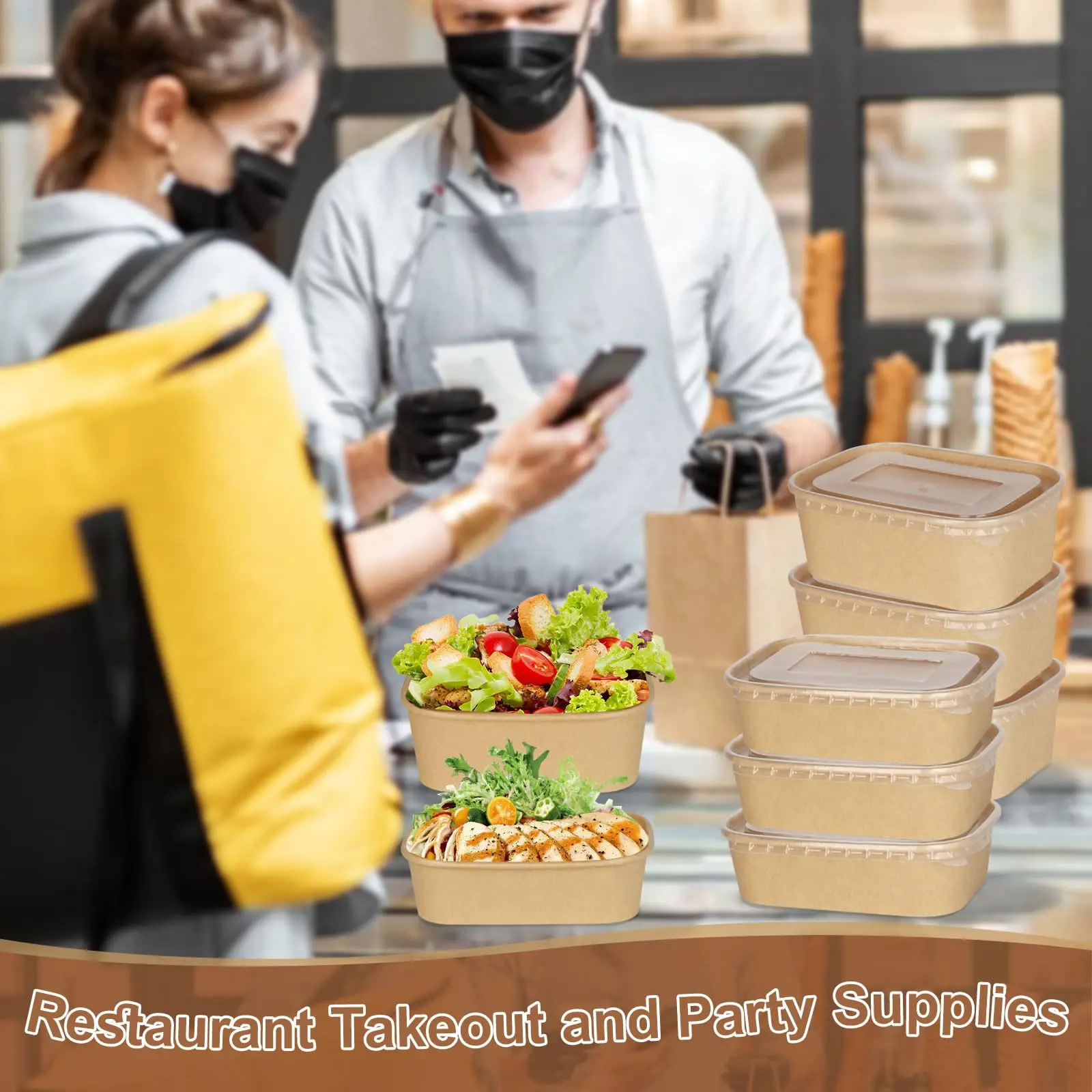 25pcs/Set Disposable Kraft Paper Boxes Lunch Boxes with Lids Fast Food Packing Bowls Household Bento Box for Catering Takeaway