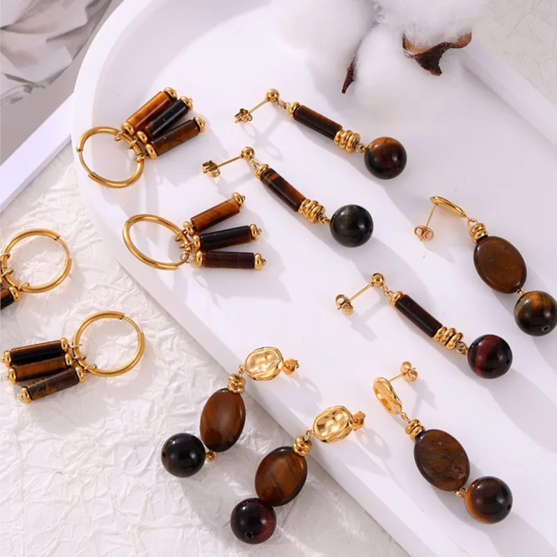 Women\'s Tiger-eye Stone Beads Drop Earrings Necklace Stainless Steel Gold Plated Stud Earring Necklaces For Women Jewelry Set