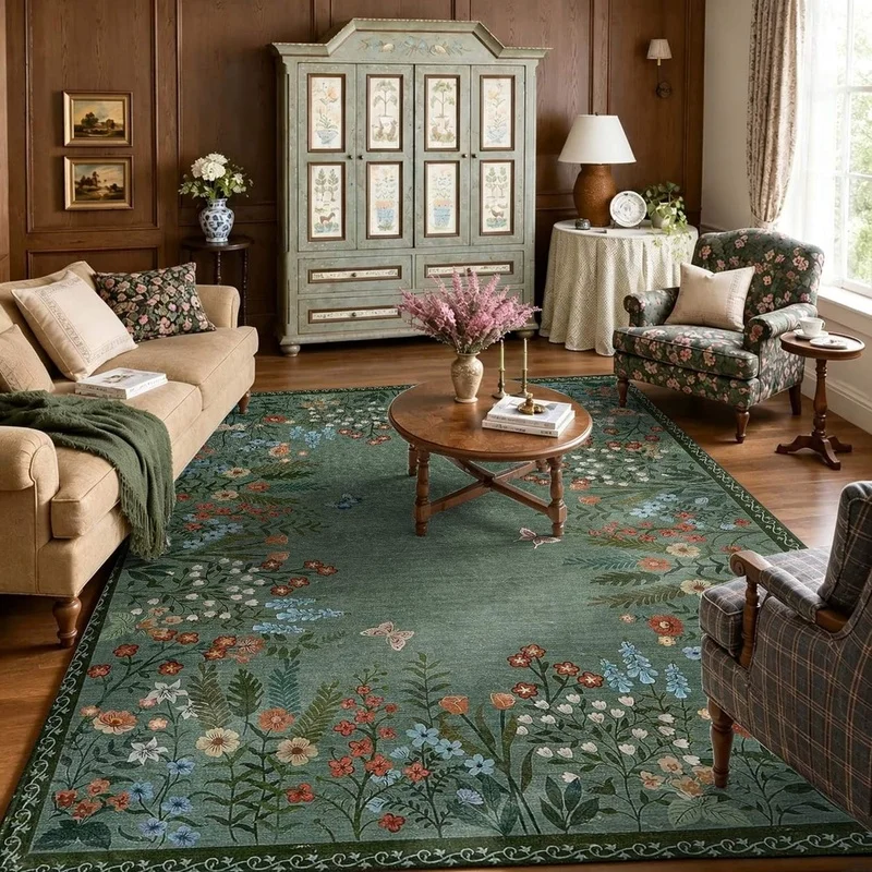 1Pc French Pastoral Retro Floral Butterfly Carpet, Retro Art Decorative Carpet, Suitable for Living Room, Bedroom, Dining Room, Bedside, Indoor and Outdoor Terrace, Home Decoration