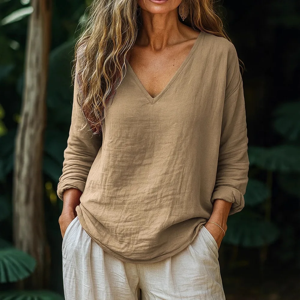 

Casual V-neck Loose Women Top Solid Color Long Sleeve Women's Shirt 2025 New Elegant Autumn Blouse And Tops Female