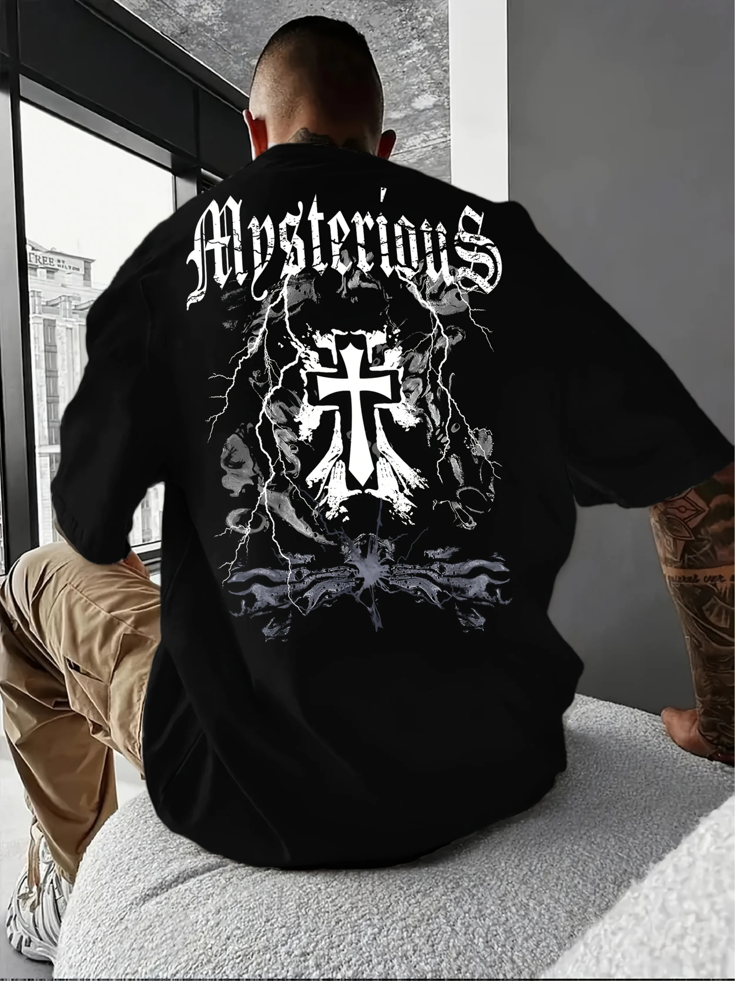 Mysterious Gothic Cross Graphic Tee with Intricate Twisted Branch and Butterfly Print 100% Cotton Men T-shirt Summer Streetwear