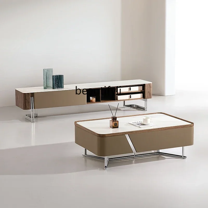 54Creative rectangular coffee table TV cabinet set modern simple light luxury home saddle leather walnut colorSSS