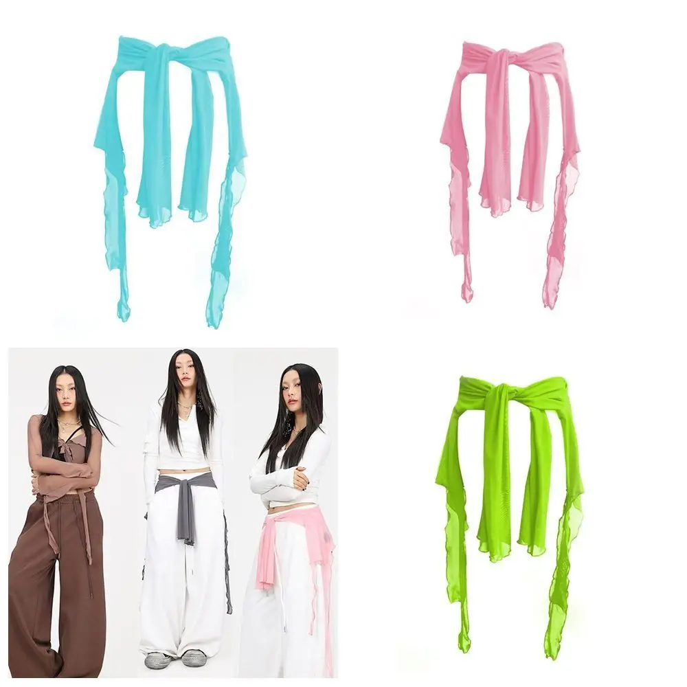 

Джинсовые брюки с декоративным шарфом для джазовых танцев, уличный стиль Харадзюку, хип-хоп шарф, прозрачный пояс с высокой талией в стиле Y2K