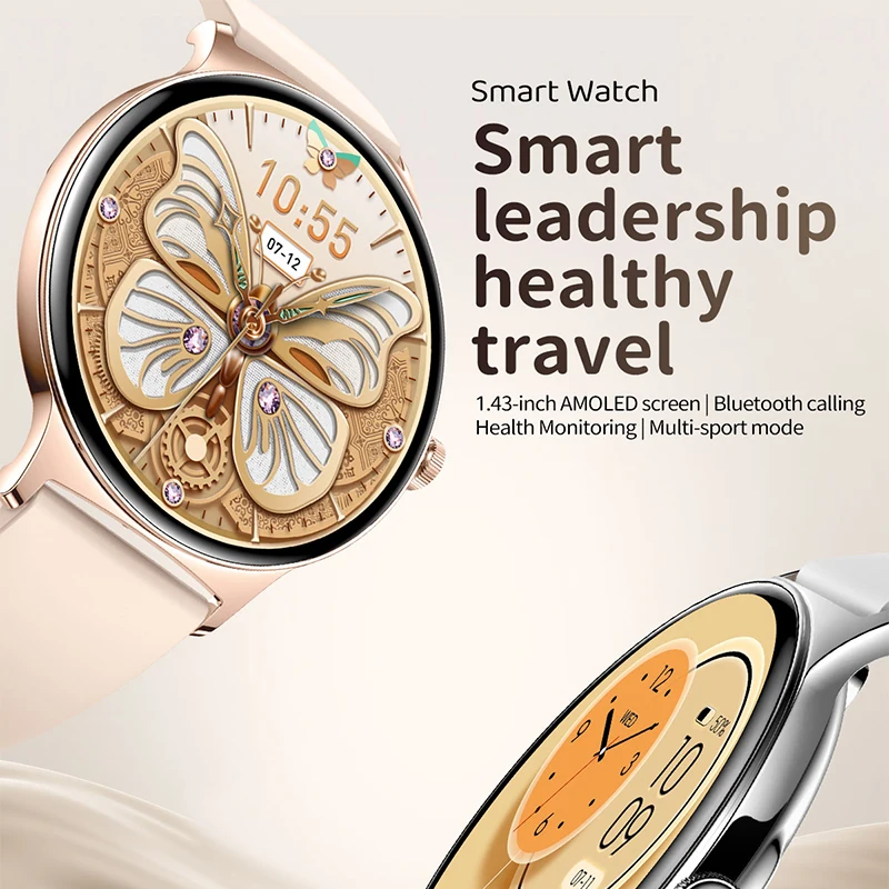 Imosi-女性用Amoledスマートウォッチ、大画面、Bluetooth通話、ヘルスモニタリング、ファッション、1.43インチ