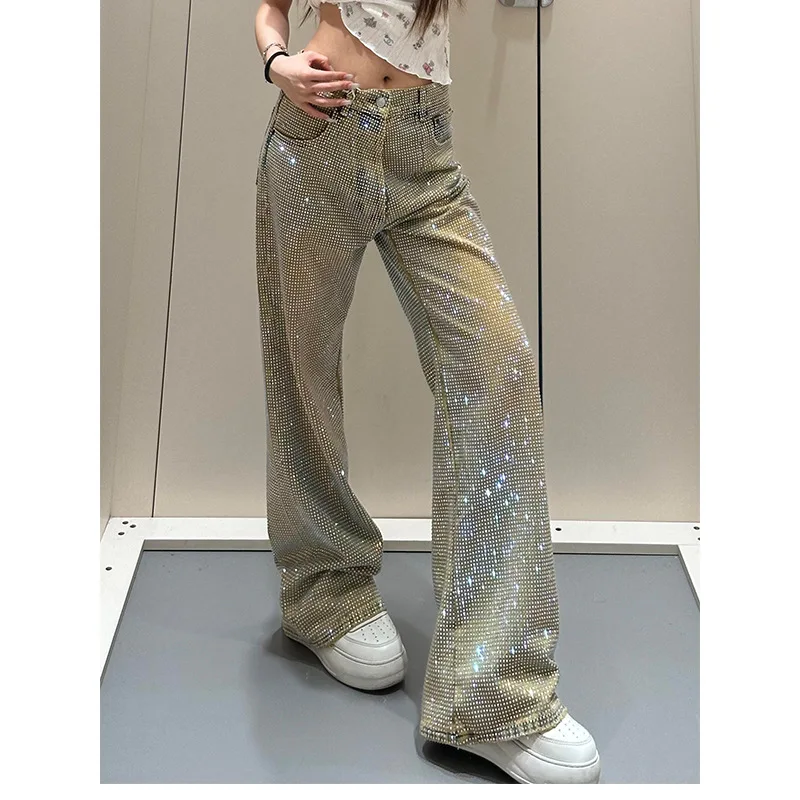 

American Spice Girl Design Sense Full Diamond Jeans Women's Spring and Summer New Personality Gypsy Star Niche Straight Pants