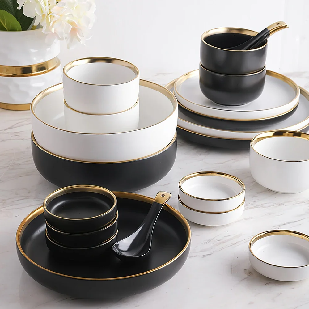 Customization Nordic Style Black Tableware Set Gold Rim Dish Plates Porcelain Crockery Dinnerware Sets