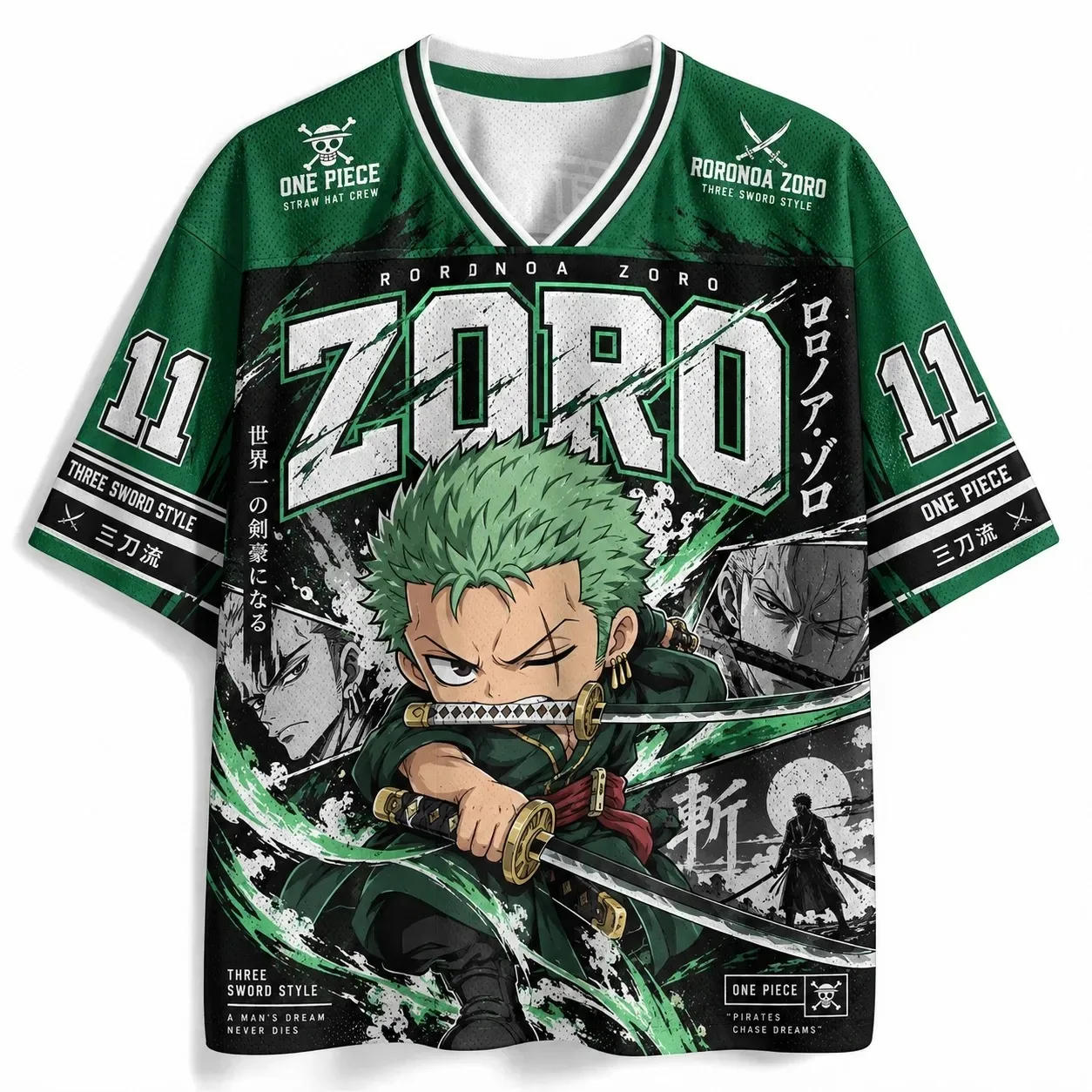 Trendy Unisex V Neck One Piece Anime Zoro Three Sword Jersey Short Sleeve Top Ideal For Night Out And Casual Street Style Looks