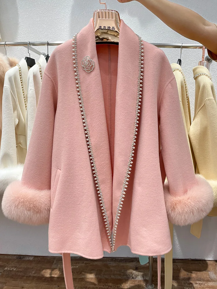 ZDFURS*Reversible Cashmere Coat Women's Mid-Length Pearl Rhinestone Heavy Industry Fox Fur Cuff Woolen Coat Coat