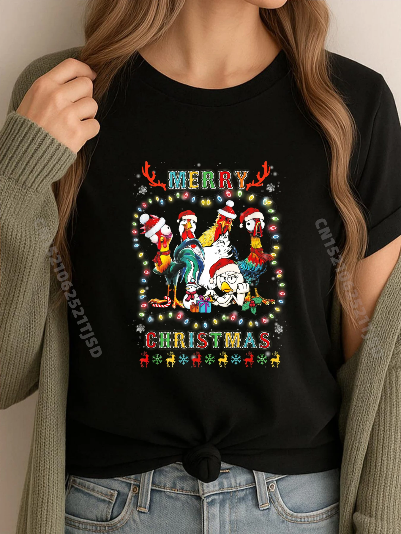 

Merry Christmas Chicken Santa Hat Lights Xmas Black T Shirt Luxury T-Shirt 4TH of July
