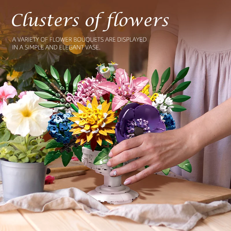 

1081PCS girls' flower bed building blocks flower toy set, azalea and anemone model assembly, girls' toy flower gift