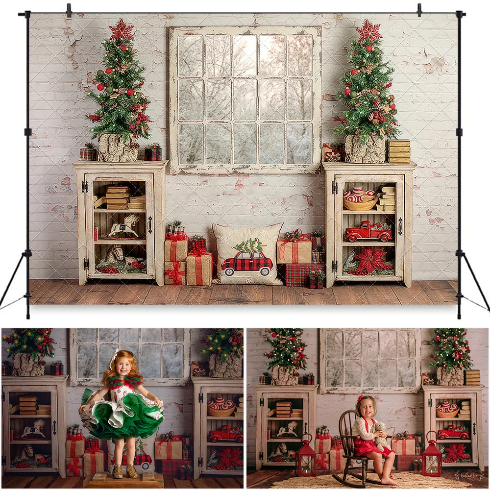 Christmas Room Window Photography Backdrops Gift Decor Country Holiday Photocall Background Kids Cake Smash Photo Studio Props