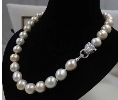 longer 45-60CM silver natural white freshwater baroque 11-12mm FURROW Kasumi pearl necklace leopard head clasp