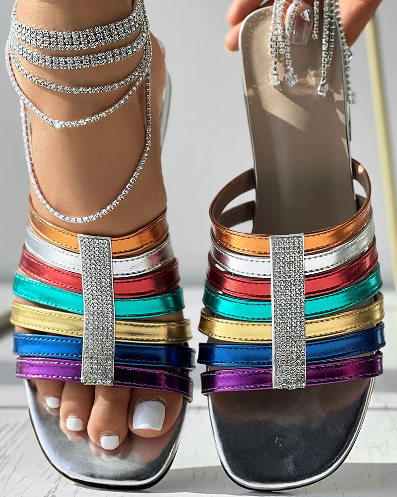 

Colorful Square Open Toe Flat Sandals Low Block Chunky Slide Sandals