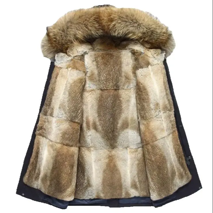 Новое поступление 2025 года, зимняя высококачественная теплая мужская куртка с подкладкой из кроличьего меха с капюшоном, зимнее теплое пальто с воротником из меха енота, мужское