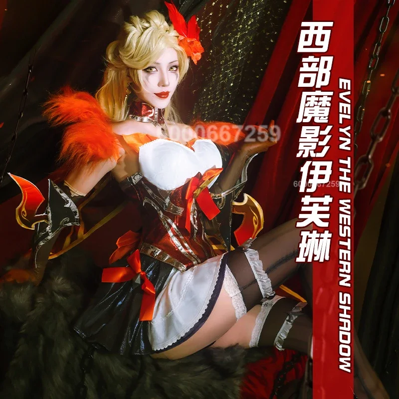 

League of Legends Evelynn Cosplay Costume for Women Western Magic Shadow Orange Dress Full Set Halloween Party Character Outfit