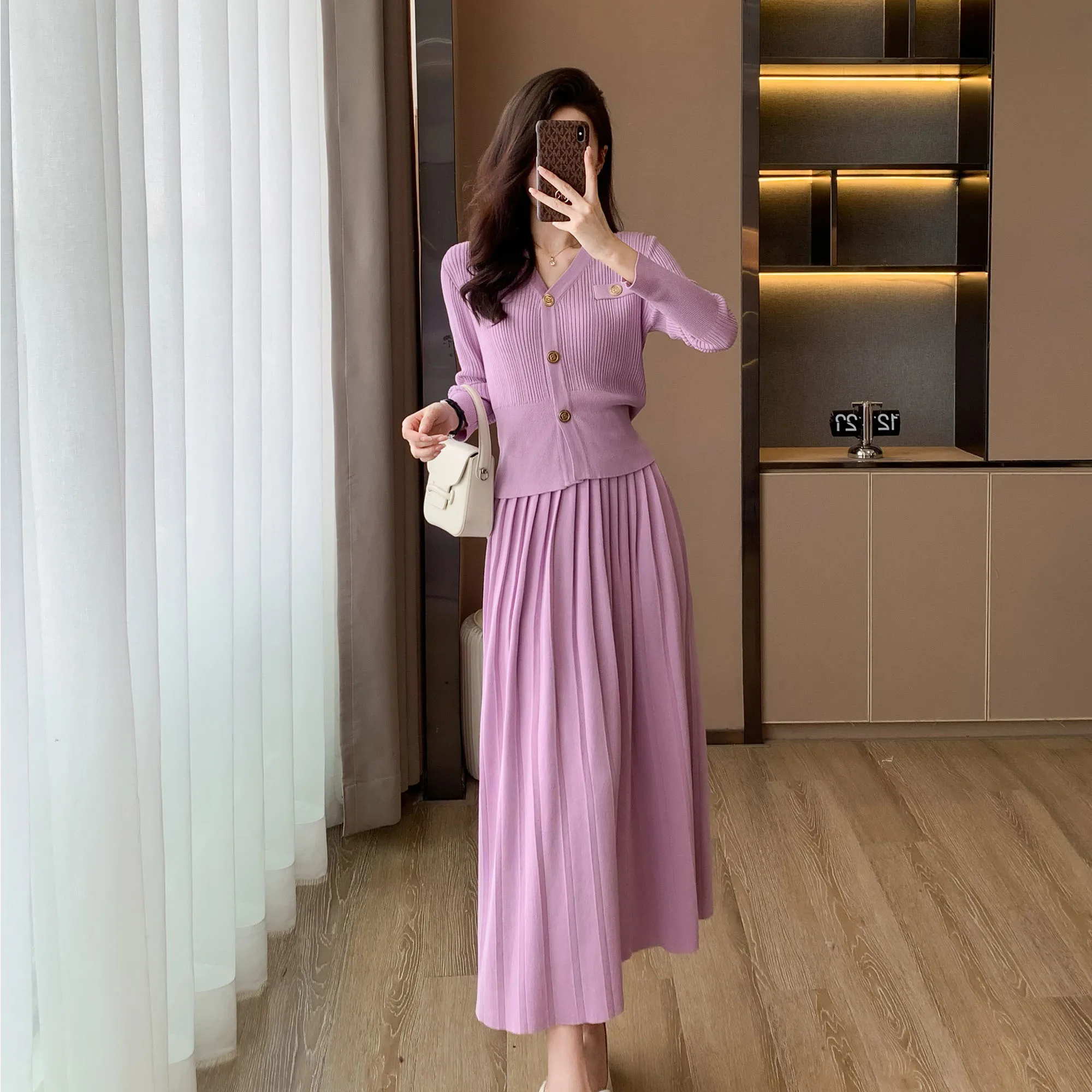 French Elegant Purple Knitting 2 Piece Set New Women V Neck Single Breasted Sweater Short Cardigan + Long Pleated Skirt Suits