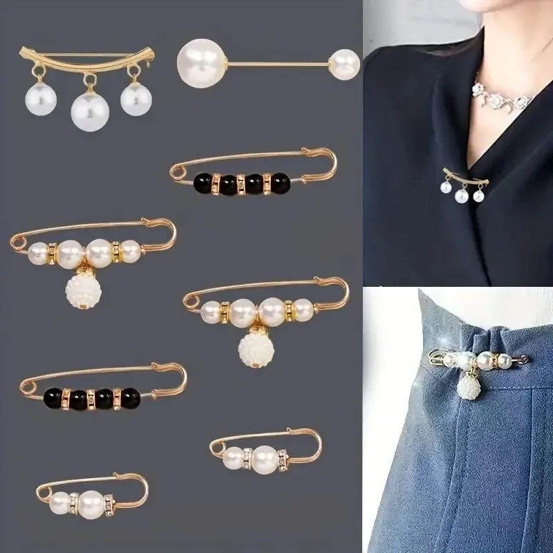 8 Pcs Rhinestone & Faux Pearl Decor Brooch Pin Cute Metal Waist Tightener Elegant Buckle Clothing Accessory