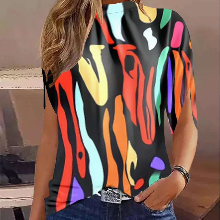 Damesmode Ronde Hals Normaal Digitaal Bedrukt Shirt Top Dames Elegant Slim Fit Semi Hoge Hals Gedrukt Chiffon Shirt Top