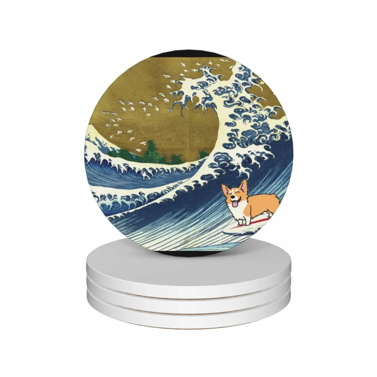 

Corgi dog surfing The Great Wave Ceramic Coasters (Set of 4) teapot mat Tea cups Coasters