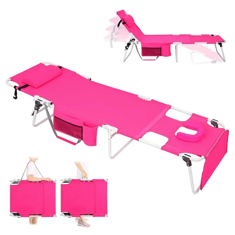 

Tanning Chair With Face Hole, Heavy Duty Outside Lay Flat Portable Folding Chaise Lounge Chair, With Arm Hole For Reading Beach