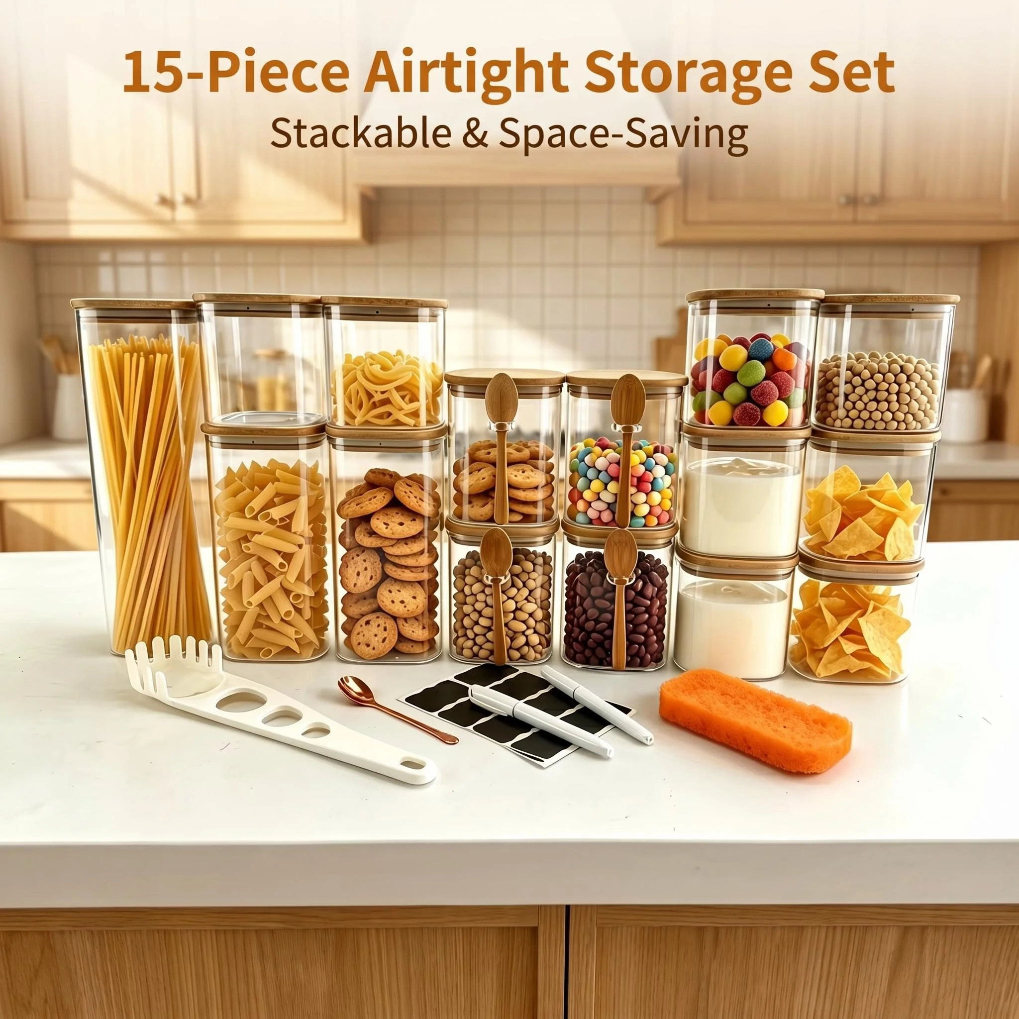 Food Storage Glass Containers Large - 15pc-Glass Jars with Bamboo Lids &