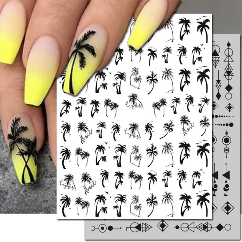 3d nail art adesivos, linhas geométricas, coco, árvore, folhas, flores, sliders adesivos, decorações para manicure