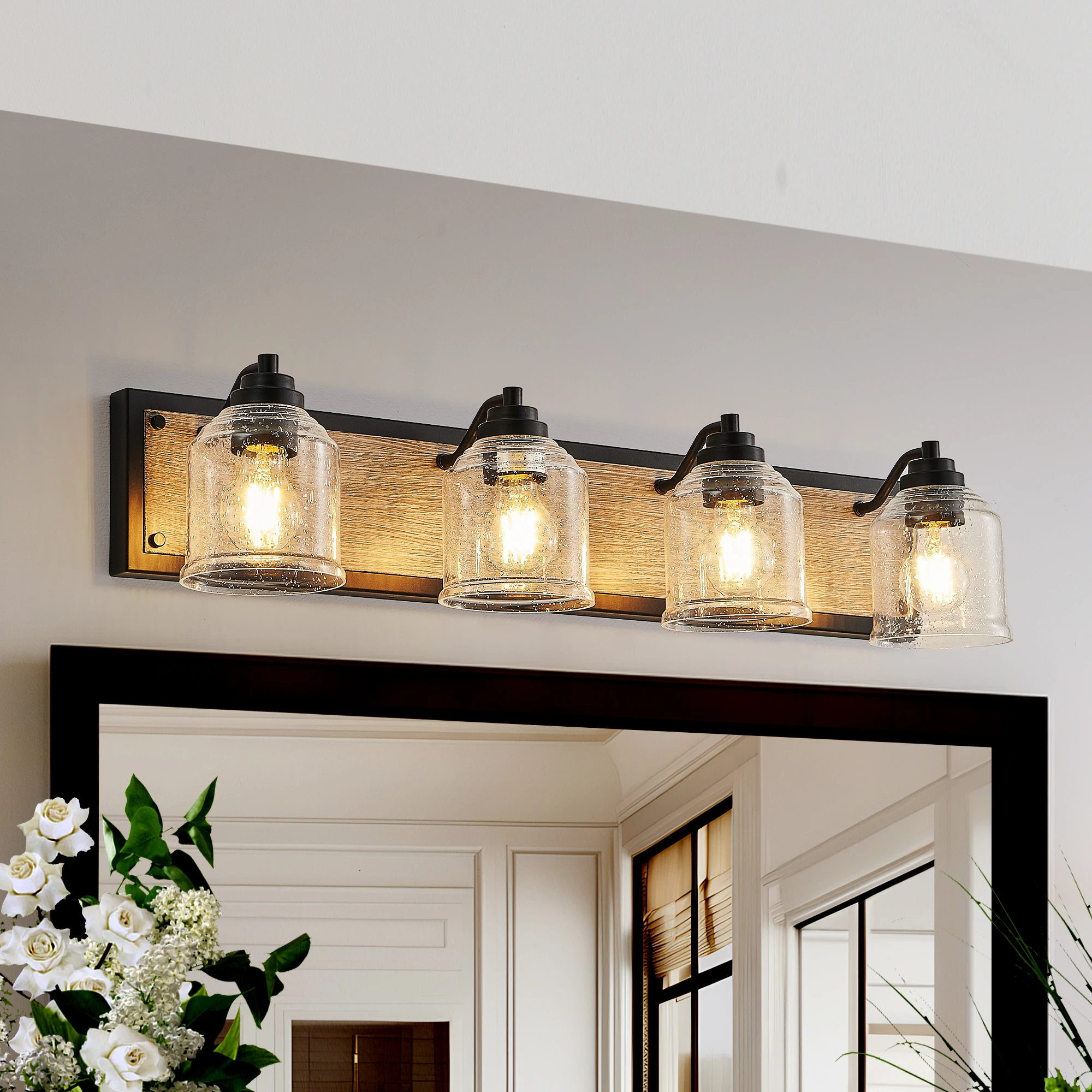 

Farmhouse Vanity Light Fixture, 4-Light Bathroom Wall Sconce withGlass Shades,Rustic Black Finish with Wood Backplate(No Bulbs)