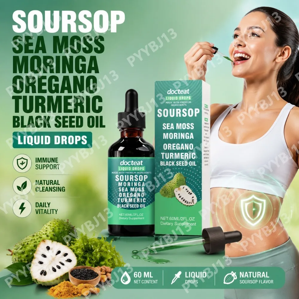 Docteat Soursop Graviola Liquid Drops with Moringa, Sea Moss, Turmeric and Black Seed Oil, Botanical Daily Wellness Blend 60ml