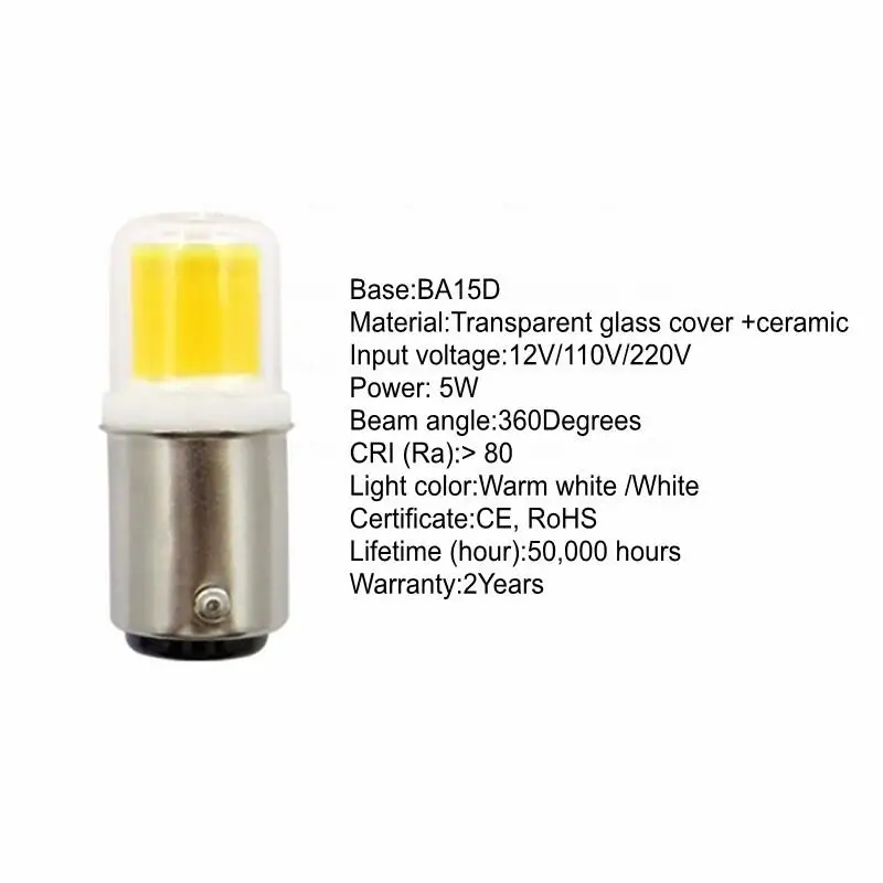 DIMMABLE BA15D LED Light Bulb 7W AC 12V 110V 220V COB 1511 LED Lamp for Chandelier Sewing Machine transparent glass cover bulbs