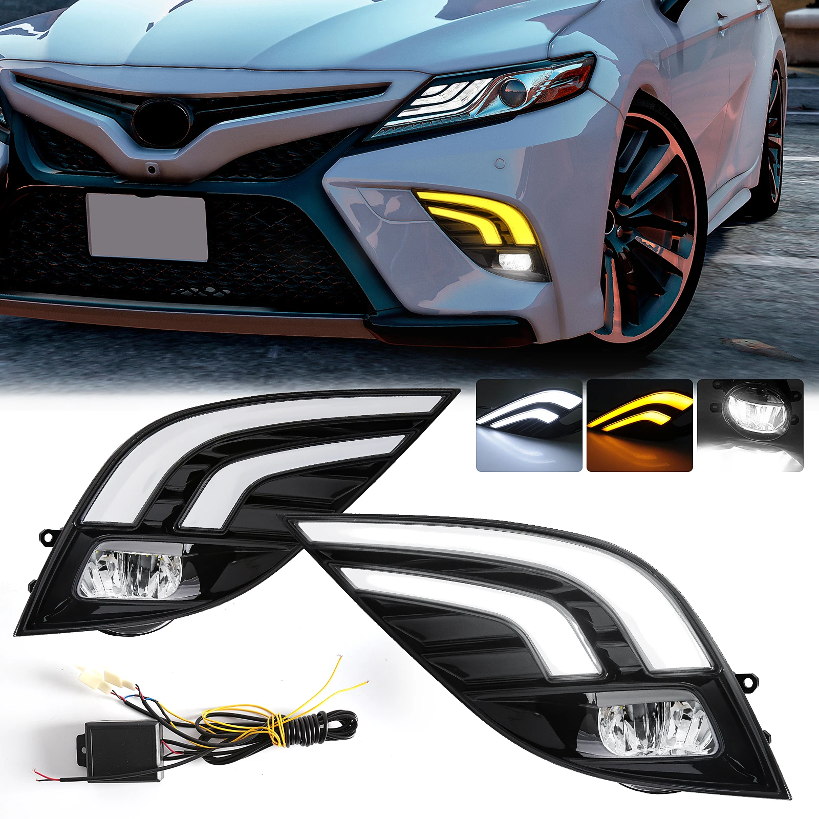 For Toyota Camry 2018 2019 2020 Car Led Daytime Running Light White Yellow Turn Signal Headlights Driving Fog Lamp Accessories