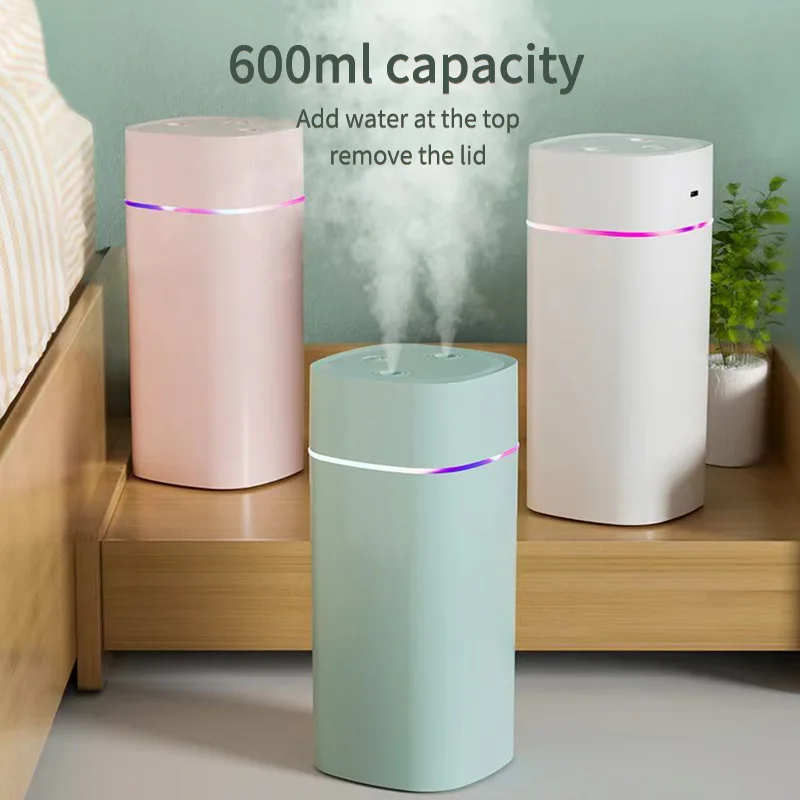 USB Air Humidifier สเปรย์คู่พอร์ตน้ํามันหอมระเหย 600ml Aromatherapy Humificador Cool Mist Maker Fogger Purify สําหรับ Home Office