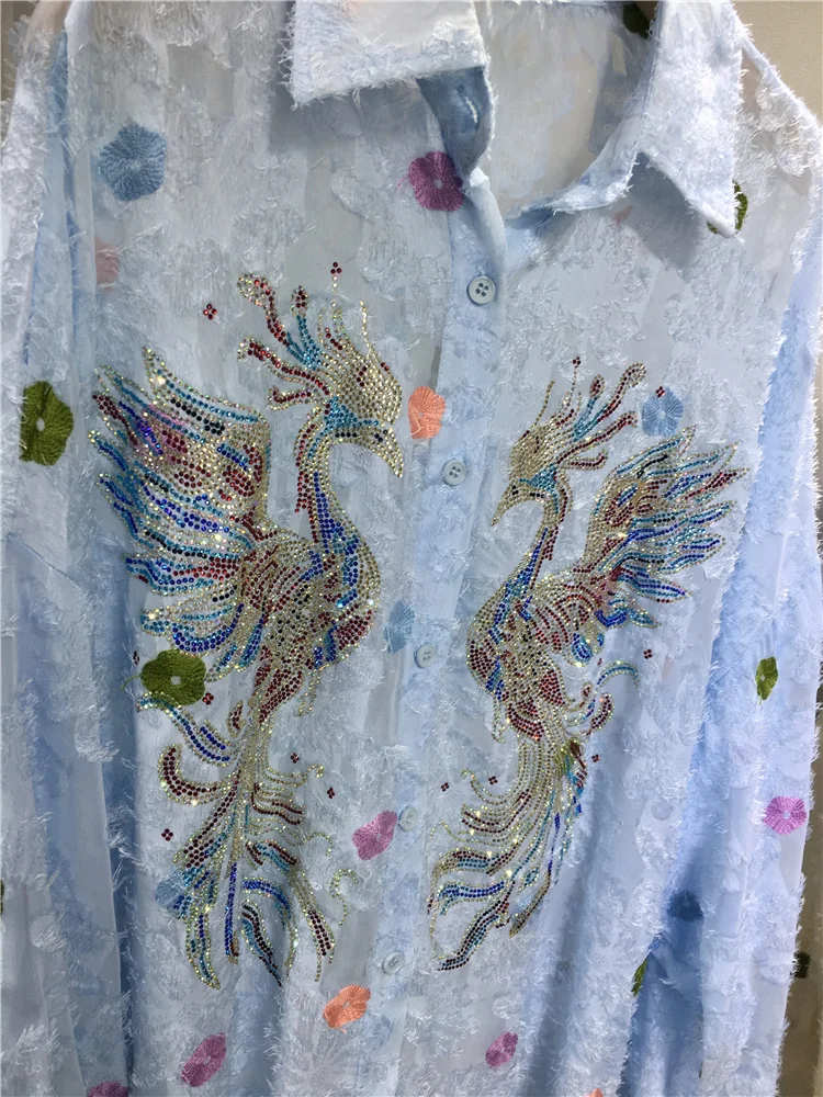 Fashion Women's 2024 Summer New Rhinestone Shirt High Luxury Phoenix Embroidery Polka Dot Light Breathable Loose Mid-Length Coat