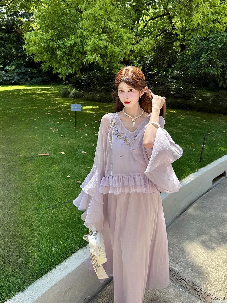 

GA Yingcai Orchid Design Women's Summer Outfit with Lace Trim A-Line Skirt And Top Chinese Style Long Sleeve V-Neck