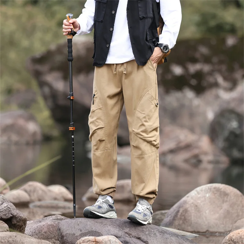 2024 autumn loose cargo pants men's outdoor sports fashion Japanese style trendy multi-pocket outdoor casual ankle banded pants