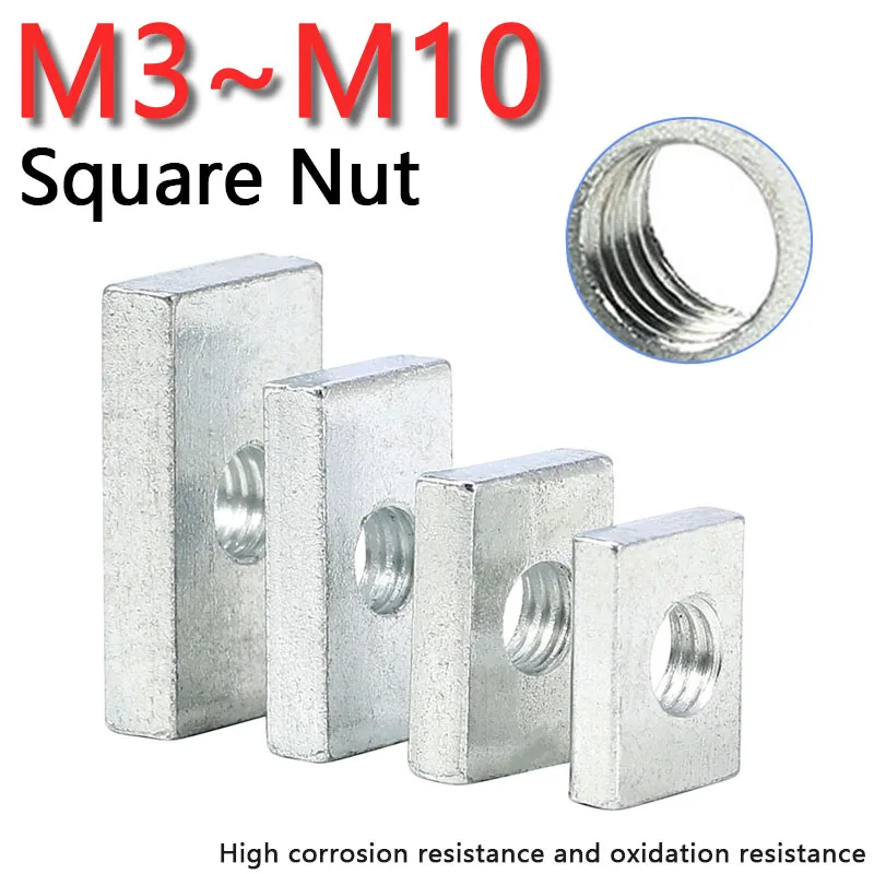 Square Nut M3 M4 M5 M6 M8 M10 Rectangular Nuts Thin Slider Block Slider Block for Aluminum Profile Accessory 2-100pcs