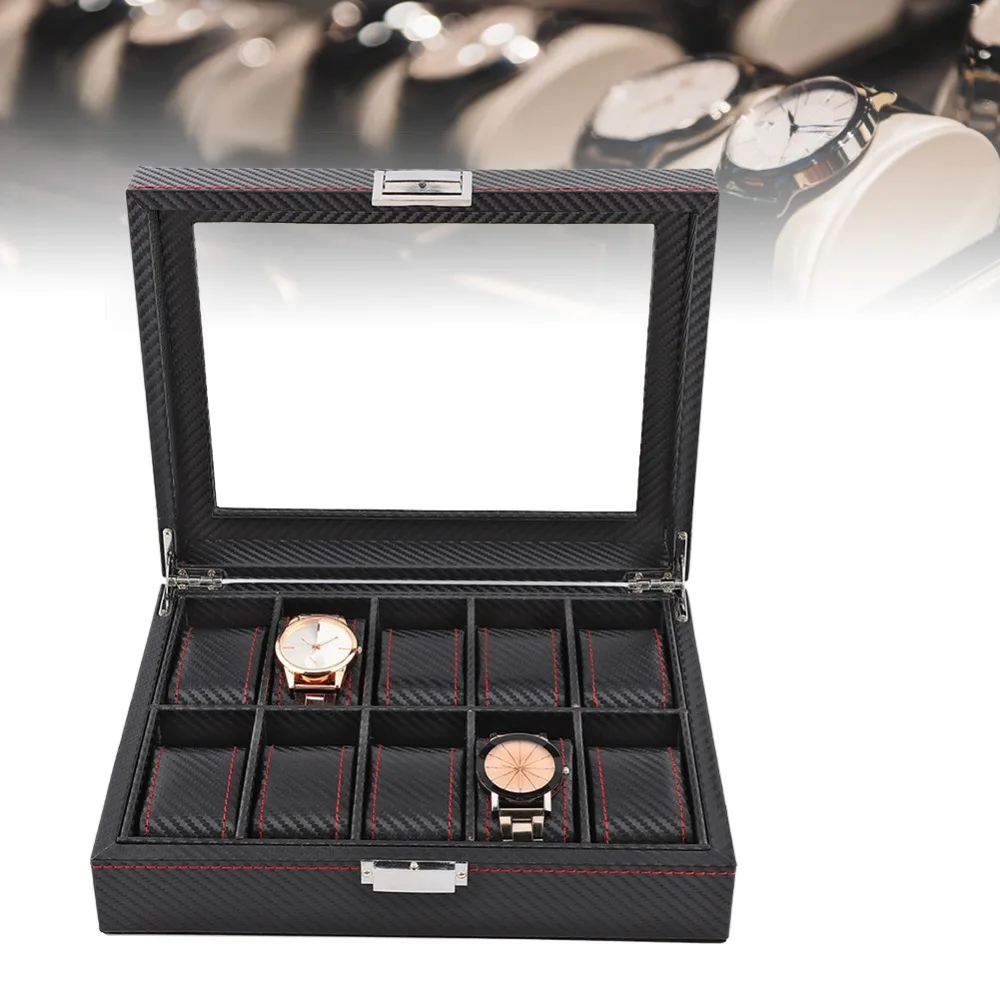 Carbon Fiber Texture Watch Box Twill Pattern Leather Material Watch Display Case Red Stitching Collection Box Daily Storage