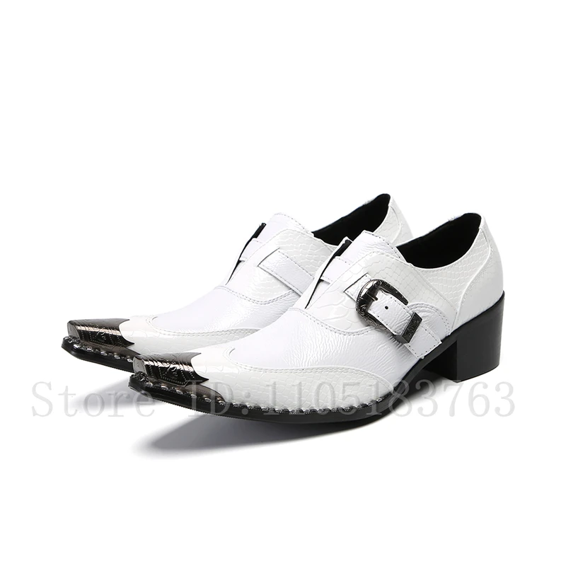 Men Handmade White Genuine Leather Shoes Metal Toe Rivets Buckle 6.5CM Increased Height Wedding Party Formal Shoes