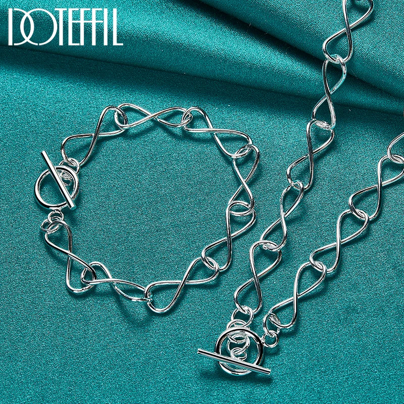 DOTEFFIL 2pcs 925 Sterling Silver Simple 8 Chain Necklace Bracelet Set For Women Man Wedding Engagement Party Jewelry