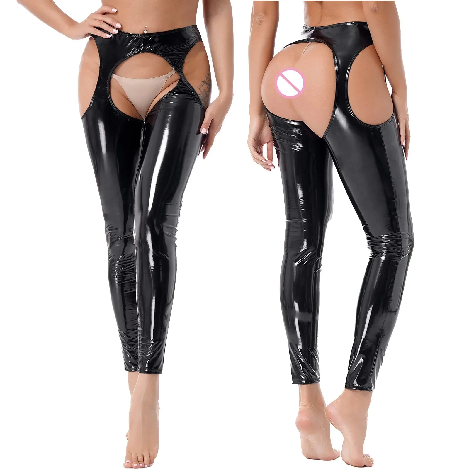 Women Sexy Crotchless Open Butt Pants Wet Look Patent Leather Trousers High Waist Cutout Leggings Nightclub Clubwear Nightwear