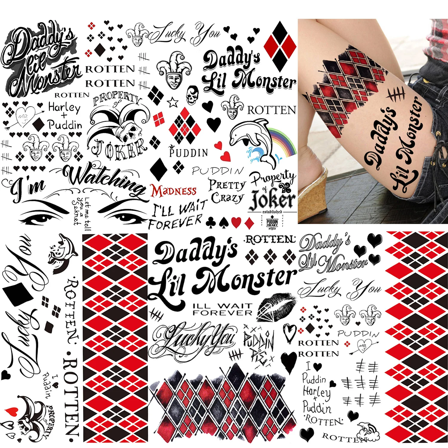 

5 Sheets Joker Tattoos Crazy Clown Joker Temporary Tattoos For Men Women Halloween Costume tatoo sticker tattoo sticker