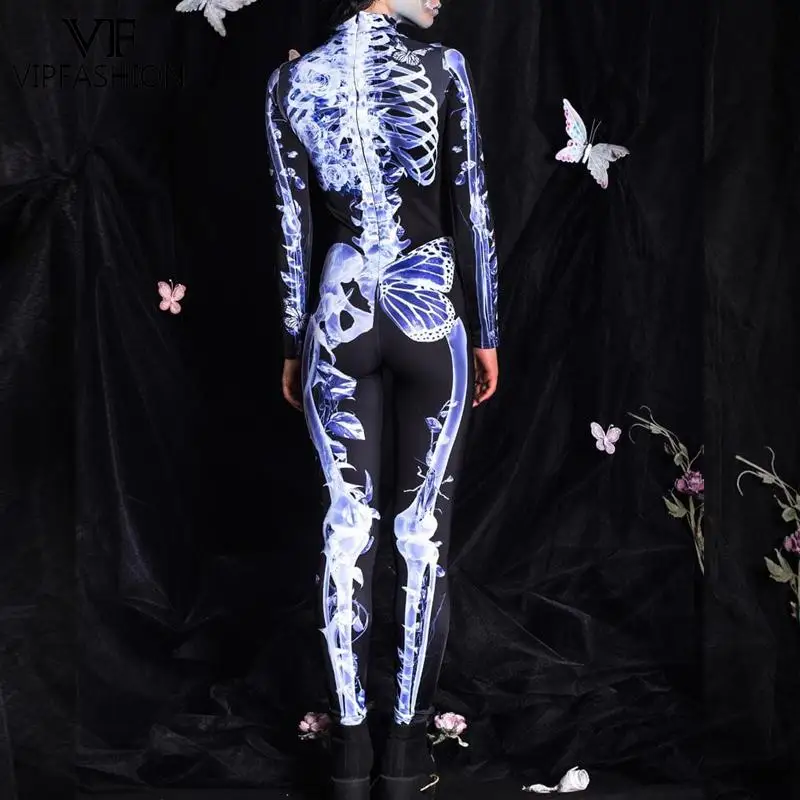 VIP FASHION X-ray Butterfly Skeleton Costume for Woman Halloween Catsuit Elastic Zentai Suit Ladies Burning Man Festival Outfit