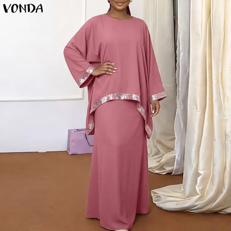 VONDA Plus Size Women Dresses Sets Irregular Tops Elastic Waist Loose Skirts Two-piece Outfits 2026 Elegant Matching Sets
