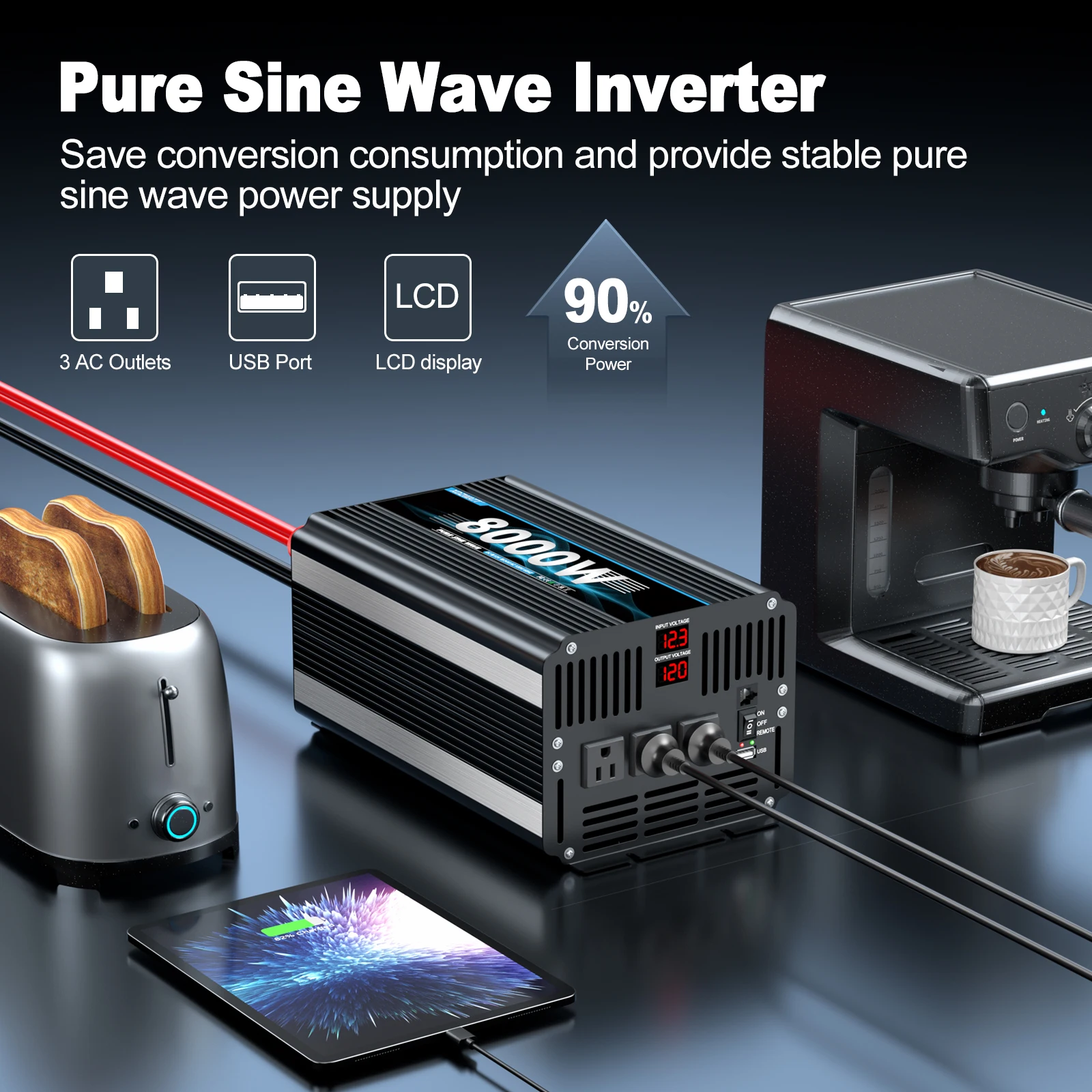 

Инвертор мощности 3000 Вт 8000 Вт Чистая синусоида постоянного тока 12 В 24 В переменного тока 120 В с дистанционным управлением и светодиодным дисплеем USB для транспортных средств RV Boat