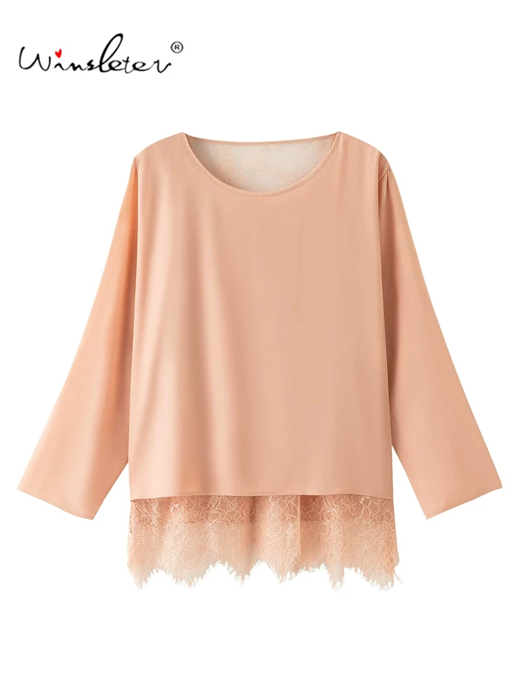 Winsleter-100%Real Silk Double Crepe Elegant T-Shirt, Lace Patchwork, Women French Fake 2 Pieces Loose Top, 2026 Autumn T67862CC
